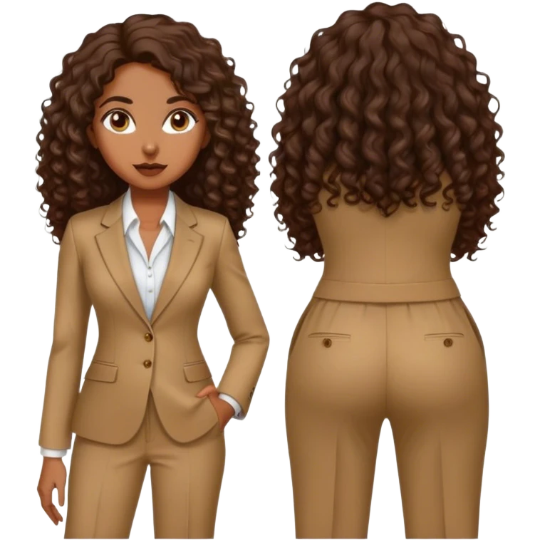 dark brown woman with medium brown long curly hair with middle part and an executive tan pant suit  emoji