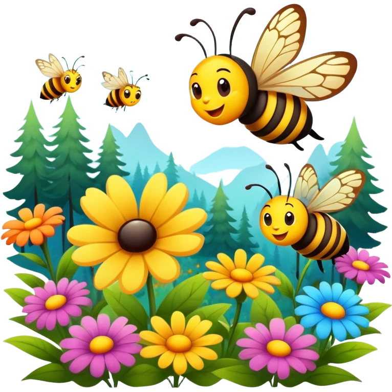 butterfly and bee flying near flowers in a forest, cheerful expressions emoji