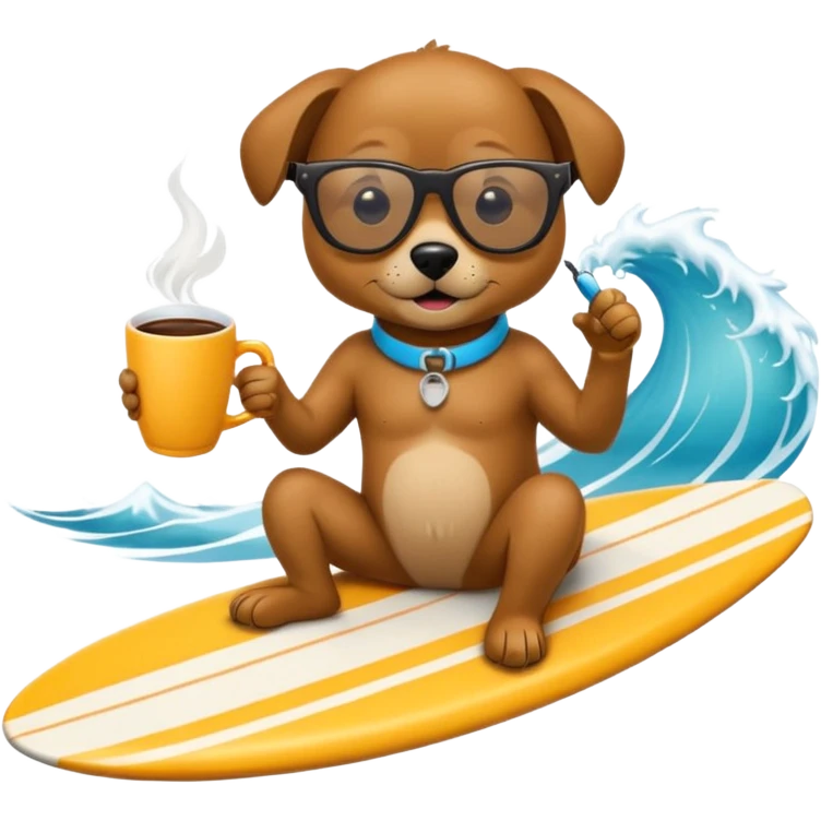 Un perro en una tabla de surf, suefeando una taza de café  emoji
