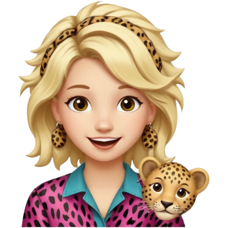 Une fille blonde et joyeuse. Elle porte une coiffure rock et originale avec des pinces pour cheveux  léopard et motif peau de vache. emoji