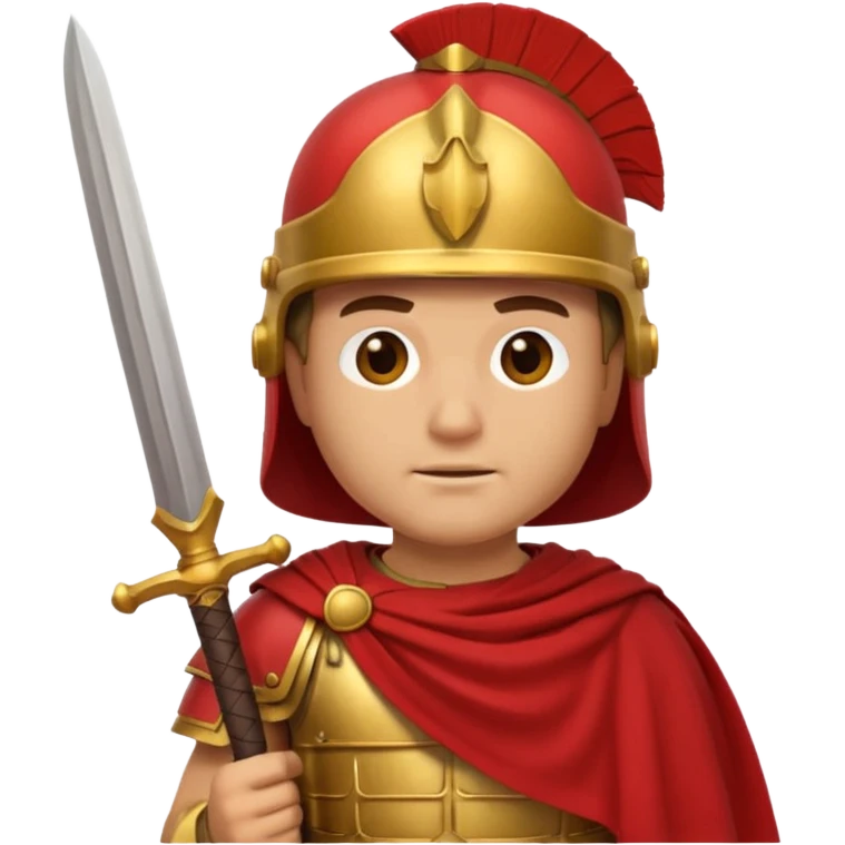 An emoji portrait of a Roman legionary soldier. He wears a helmet and a red tunic. His expression is stern and focused. He holds a short sword. emoji