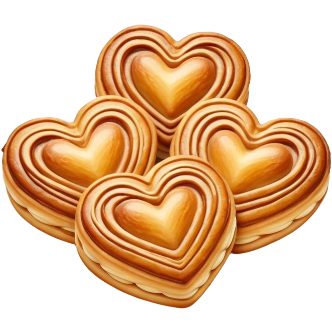 Cinematic crisp palmier, golden-brown heart-shaped pastries, perfectly caramelized layers, delicate and flaky, warm glowing background, inviting and delicious. emoji