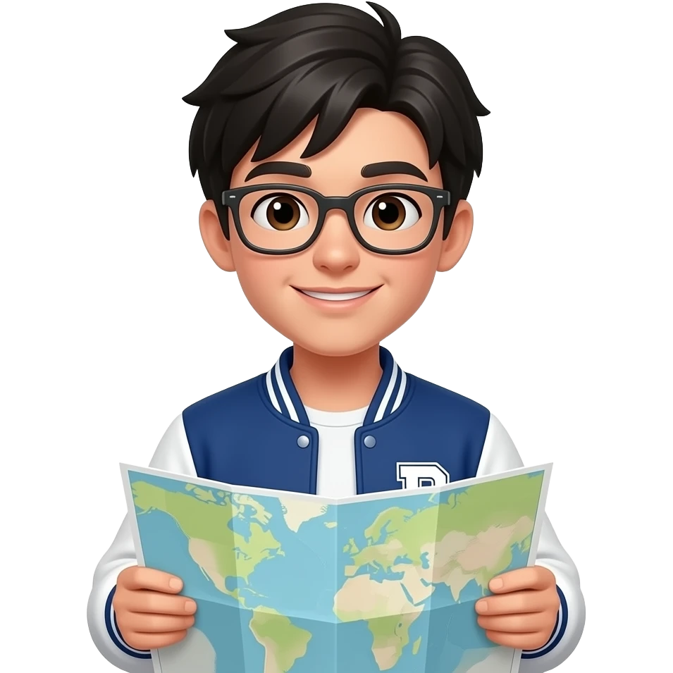 student , black hair , with varsity jacket. hold a map emoji