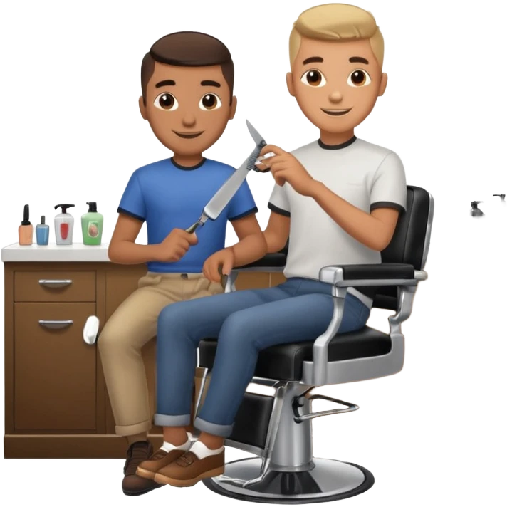 Barber cutting teenage boys hair. Show the boy sat in black barber chair and both having smiles on their faces emoji