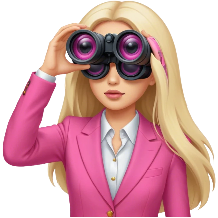 futuristic-looking woman with long hair in an intensive color pink suit looking through two-eyed binocular, viewed from an angled perspective emoji