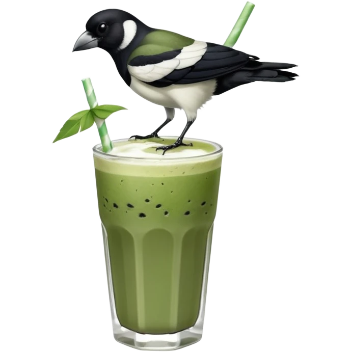 It’s an Australien Magpie (just black and white feathers) sitting on an iced matcha latte on the edge of the glass. It has green matcha on its beak indicating it drank. The iced matxha latte is in a see through glass and white from the oat milk on the bottom and green on top… one straw and ice cubes emoji