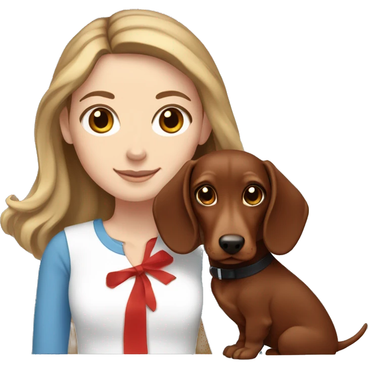 White girl with brown hair and blue eyes holding a red dachshund  emoji