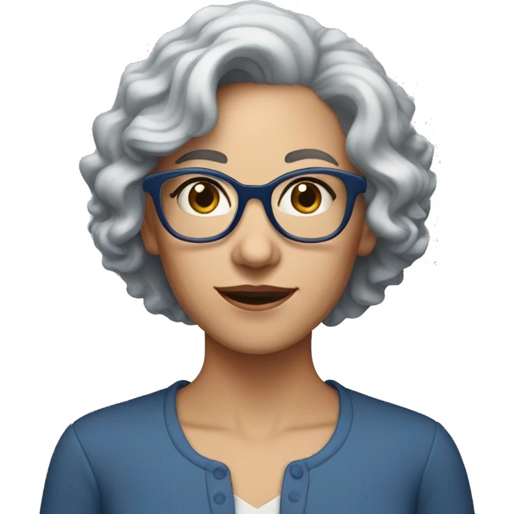 Woman with short frizzy gray hair, blue eyes and blue rimed glasses  emoji