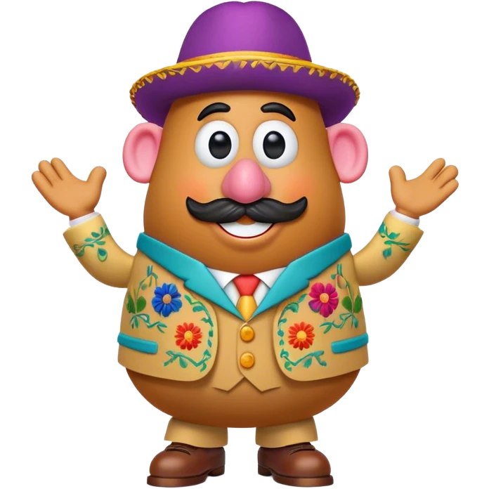 Create a 3D Pixar-style Mr. Potato Head character with a rounded, slightly uneven shape, expressive eyes, a wide smile, and cartoonish limbs, dressed in a colorful suit with intricate embroidery and a vibrant colorful hat emoji