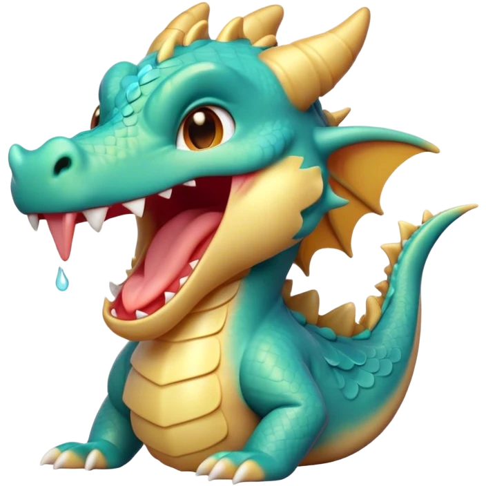 Cinematic Cute Yawning Dragon Portrait Emoji, Head tilted slightly with a dramatic, wide-open yawn, showcasing a soft, lustrous scaled body with gently drooping fins and half-closed, drowsy eyes, Simplified yet irresistibly adorable features, highly detailed, glowing with a soft, cozy mythical glow, high shine, relaxed yet expressive, stylized with a dash of fantastical charm, soft glowing outline, capturing the essence of a sleepy yet affectionate dragon that seems ready to stretch out and rest in its enchanted lair! emoji