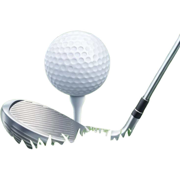 A golf ball on a tee, with a golf club placed beside it on the lush green fairway. The background shows a serene golf course with neatly trimmed grass and a clear blue sky, emphasizing the elegance and precision of the game. emoji