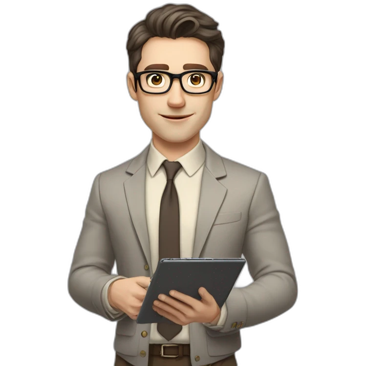 Pale skinned fit man with dark brown hair in gray jacket, beige office shirt, brown tie, brown pants and vintage glasses Writing on the tablet emoji