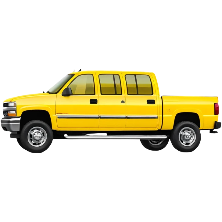 Bright yellow 1997 Chevrolet C-2500 Crew Cab Silverado pickup truck from Kill Bill movie, 30-degree angle view, iconic bright yellow color scheme, four-door crew cab, iOS emoji style emoji