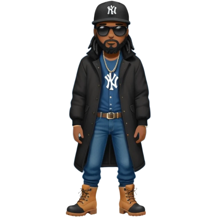 African American man with shoulder length black dreadlocks with black beard wearing black sunglasses wearing a black New York Yankees logo baseball cap wearing a black bubble winter coat wearing denim skinny jeans putting on timberland boots on his feet emoji