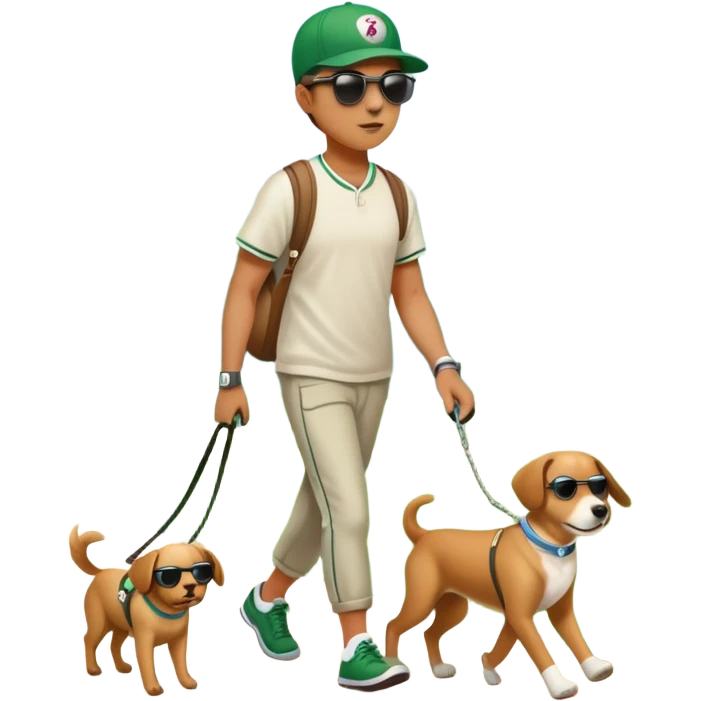 a dog on a leash with a person in a green park setting emoji