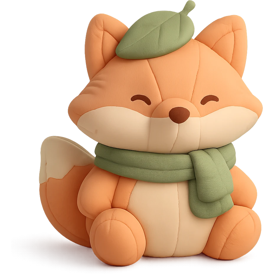 fox wearing a leaf hat and scarf, cute autumn soft style, soft pastel colors, cushion style emoji