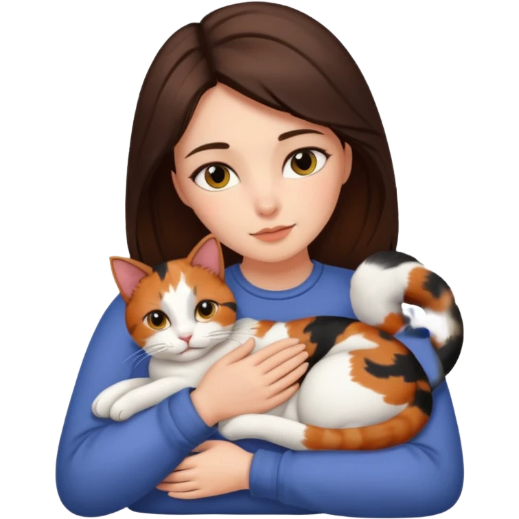Brunette woman snuggling calico cat emoji