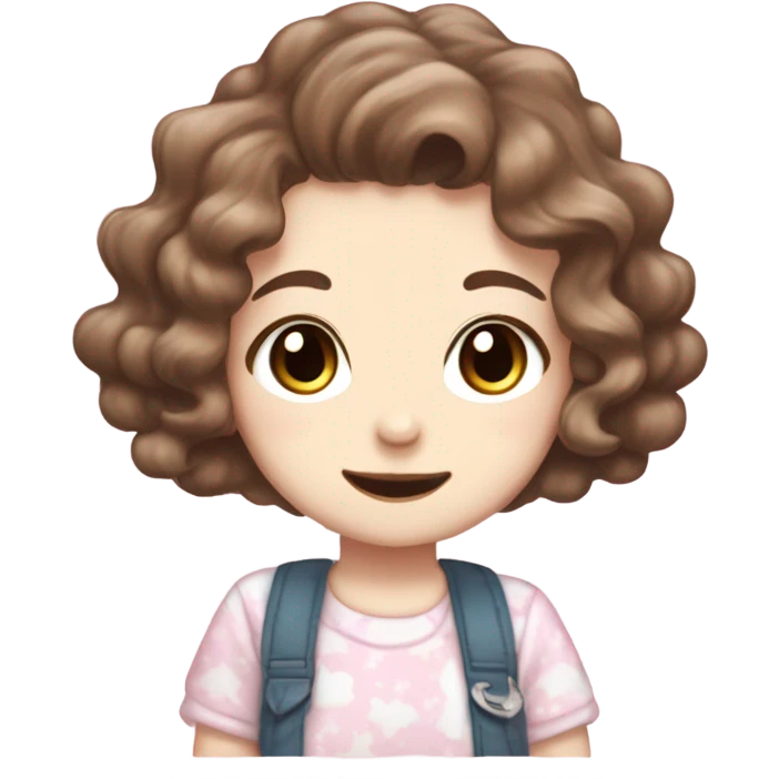 Pale girl, who has wavy brown hair and ocean eyes, and a cutecore clothes with sanrio characters on her shirt, with a cute little smile and baby face. emoji