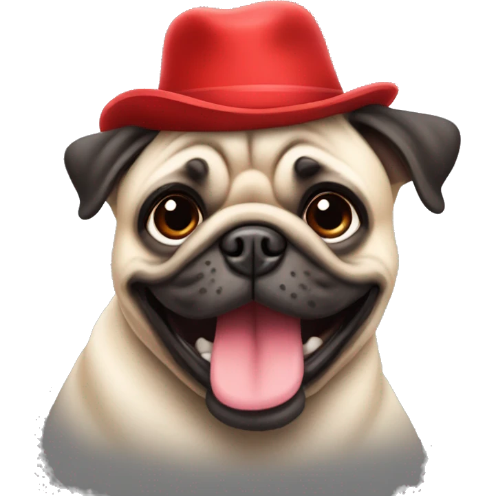 Cheerful pug in a red hat emoji