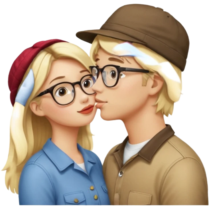 blonde girl with glasses kissing dude with blonde hair and a hat on backwards emoji