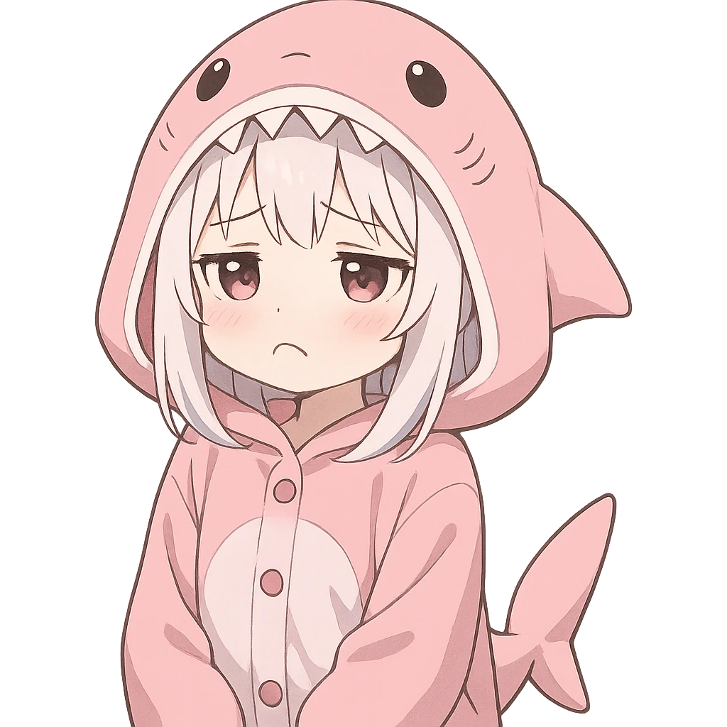 cute anime girl, white hair, pink shark onesie, pouting with a sad face emoji