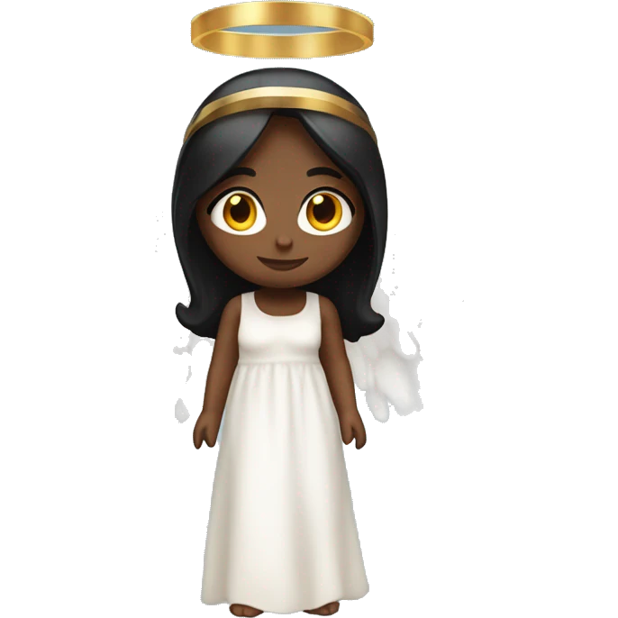 angel with halo and long white dress with wings with black straight hair and brown skin emoji