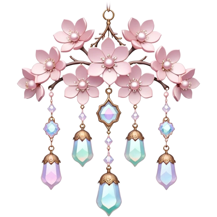 Hanging Iridescent pastel pink sakura crystals white-pearly suncatcher with bell emoji
