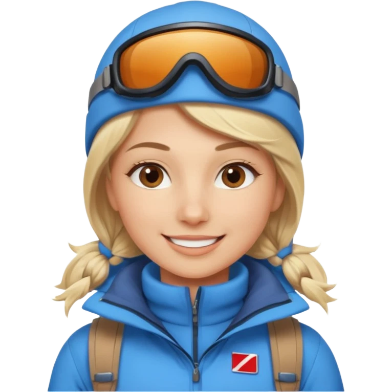 Luxury blonde model, brown eyes, polar explorer, blue clothes, skiing clothes emoji