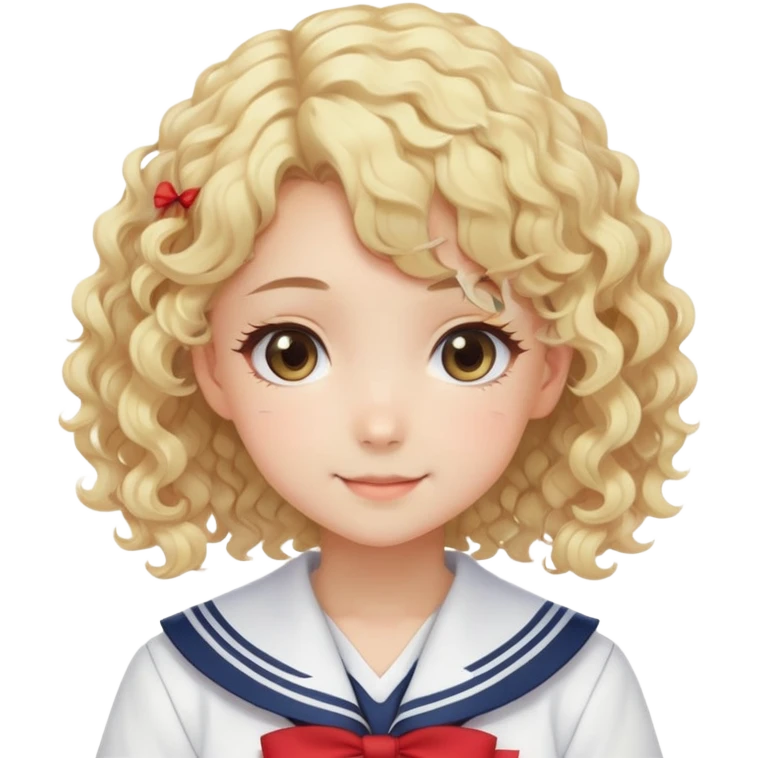 Sweet anime girl with blonde curly hair wearing Japanese sailor style school uniform, gentle smile, kawaii style emoji