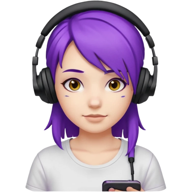 Gamer Girl with black Headset + Purple Hair, white T-shirt emoji
