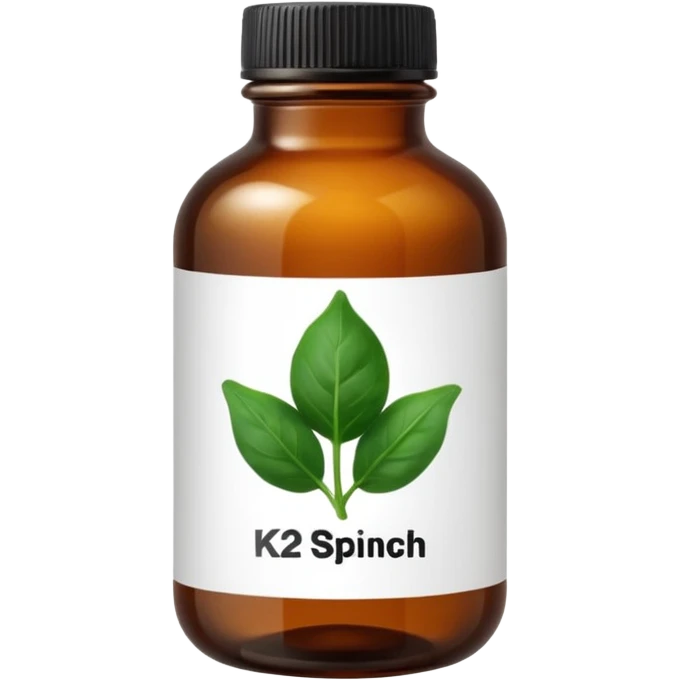brown glass bottle of supplements with white label, black thin title K2 and small spinach emoji emoji