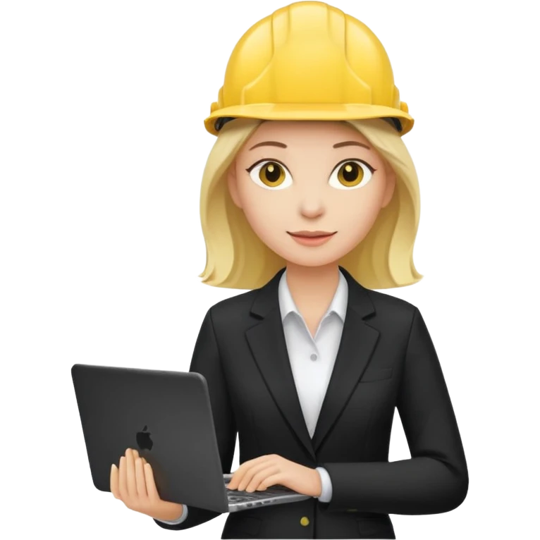 сделай специалиста по охране труда, светловолосую девушку с ноутбуком в руках в желтой каске и черном брючном костюме без шильдиков на касках emoji