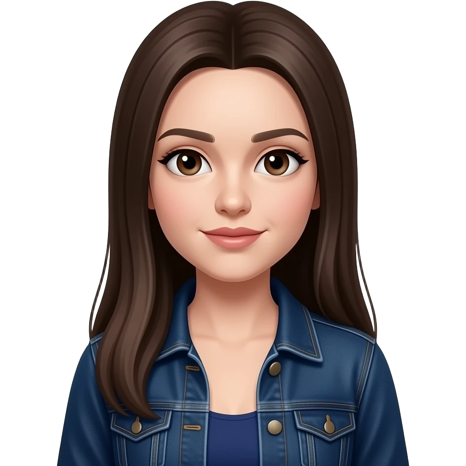 HT - dark brown eyes, very pale white skin, widows peak, dark brown long straight hair, dark blue dress, denim jacket emoji