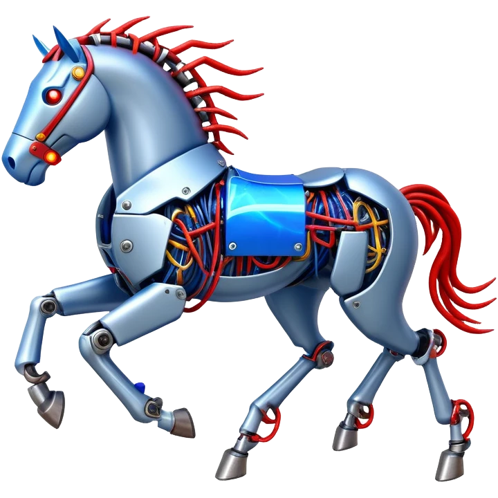 fast electric horse made of electricity, metal plates, bolts, visible blue and red wires, lightning coursing through its body, mechanical hooves emoji