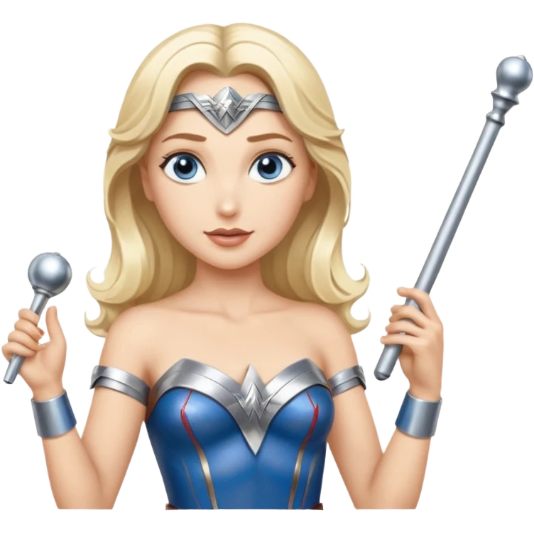 Blonde blue eyed Wonder Woman holding white orchestra conductor’s baton and bell emoji
