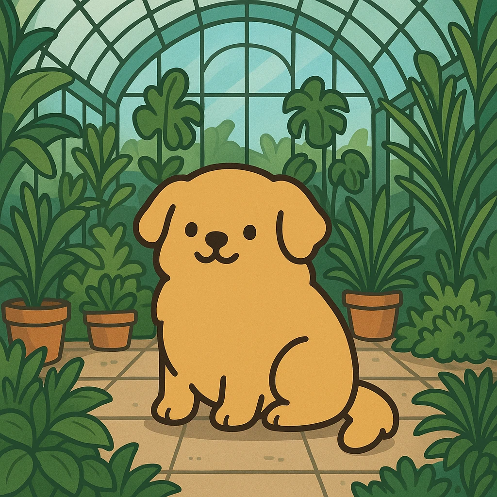 pusheen-style flat toon golden retriever in a botanical garden greenhouse emoji