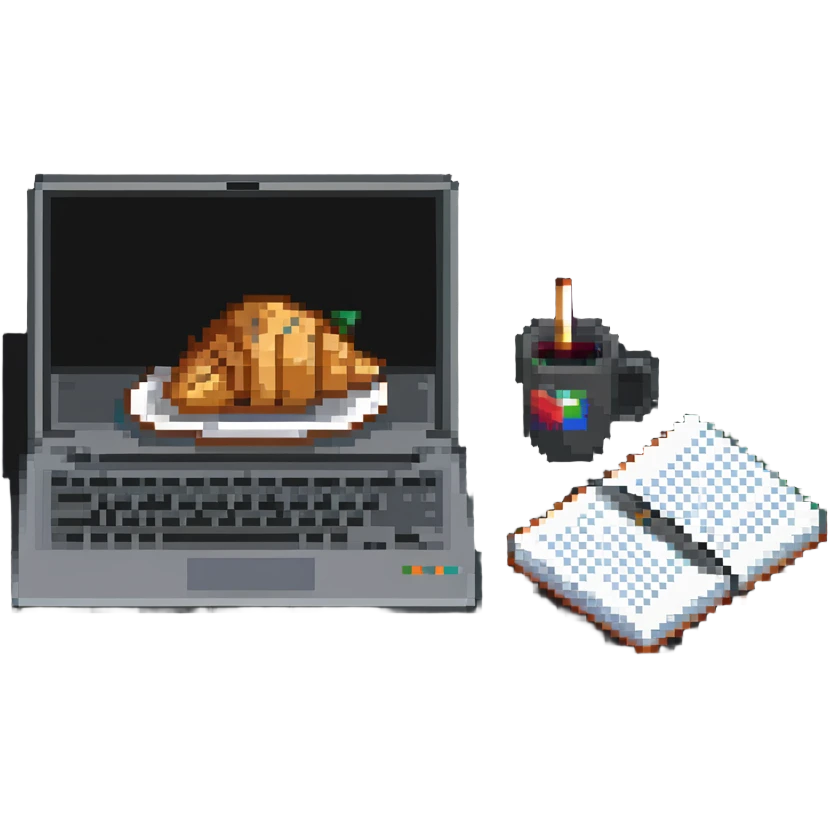 coffee shop accessories: laptop, notebook, and a croissant emoji