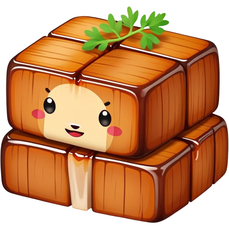 Hangzhou Dongpo Pork braised pork belly cubes, simplified emoji style with bold outlines and bright colors, cartoon style Chinese meat dish emoji