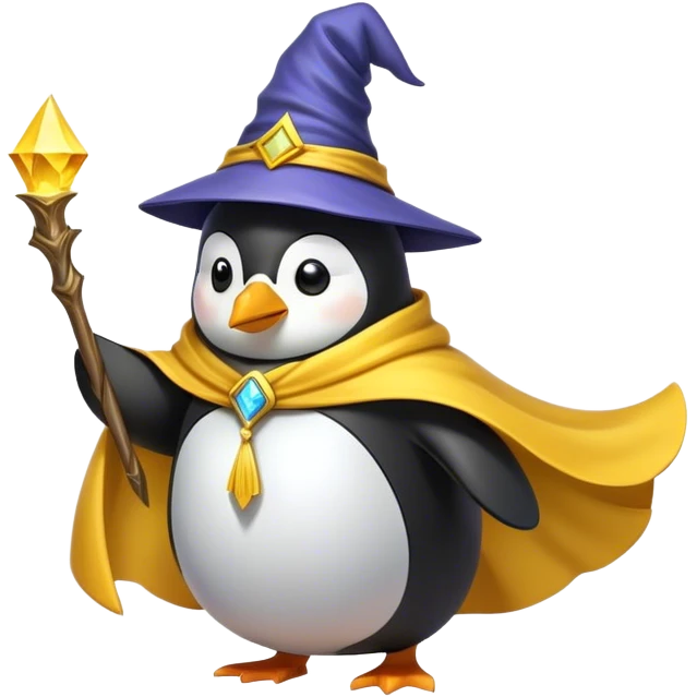A wizard penguin with a yellow hat and a long, flowing cape. The penguin is floating slightly above the ground, surrounded by swirling magical energy and glowing runes in the airyellow wizard hat emoji