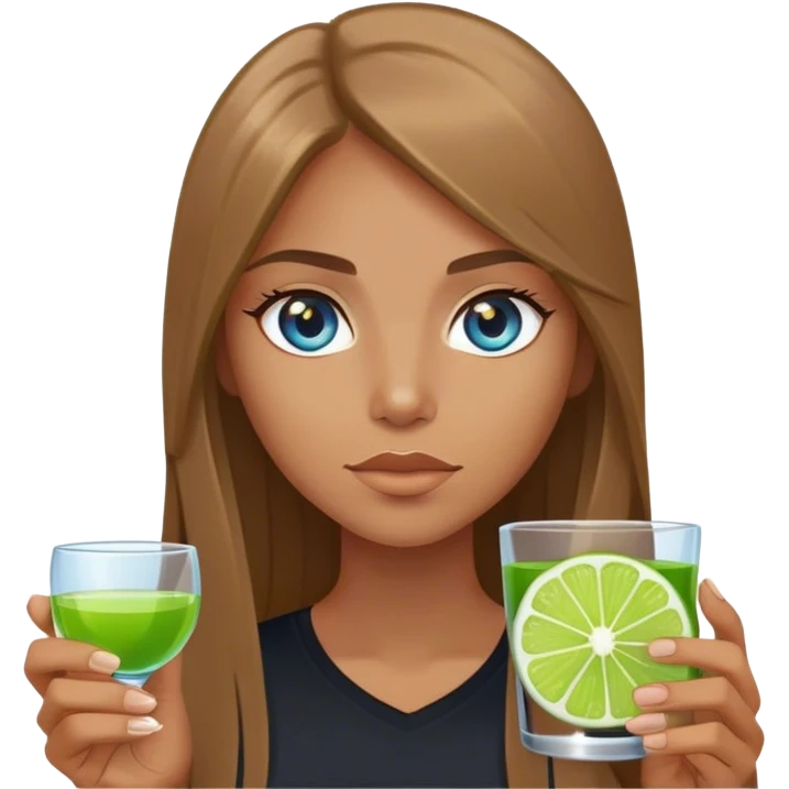 tan woman, black shirt, long light brown straight hair, grey blue eyes, holding a shot with lime emoji