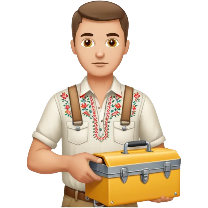 Ukrainian man in traditional embroidered shirt holding a toolbox emoji