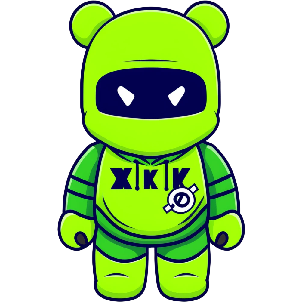cool bearbrick wearing a vibrant lime green balaclava with a dark symbol emoji