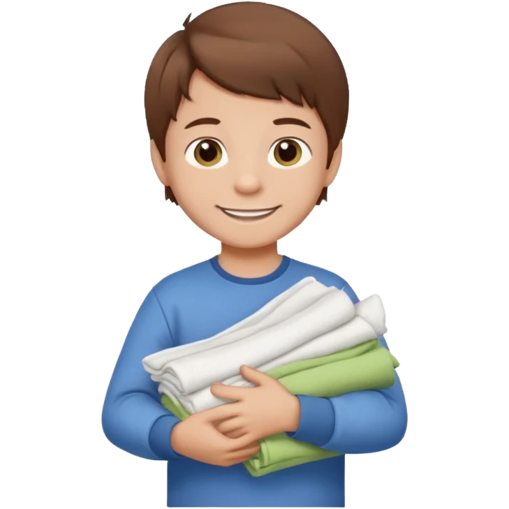 Little boy with brown hair smiling and carrying a stack of clean folded clothes emoji