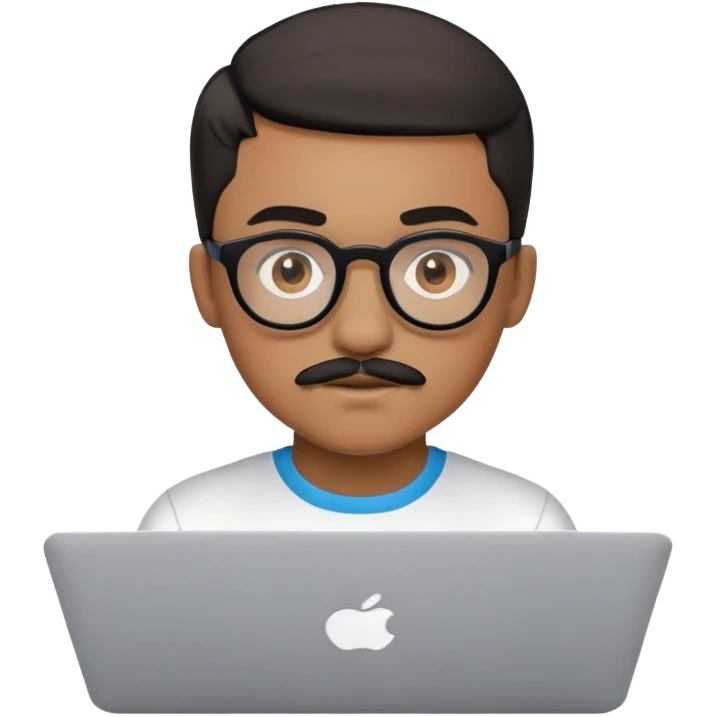 tech boy ios light brown round glasses, mustache, black short hair using macbook emoji