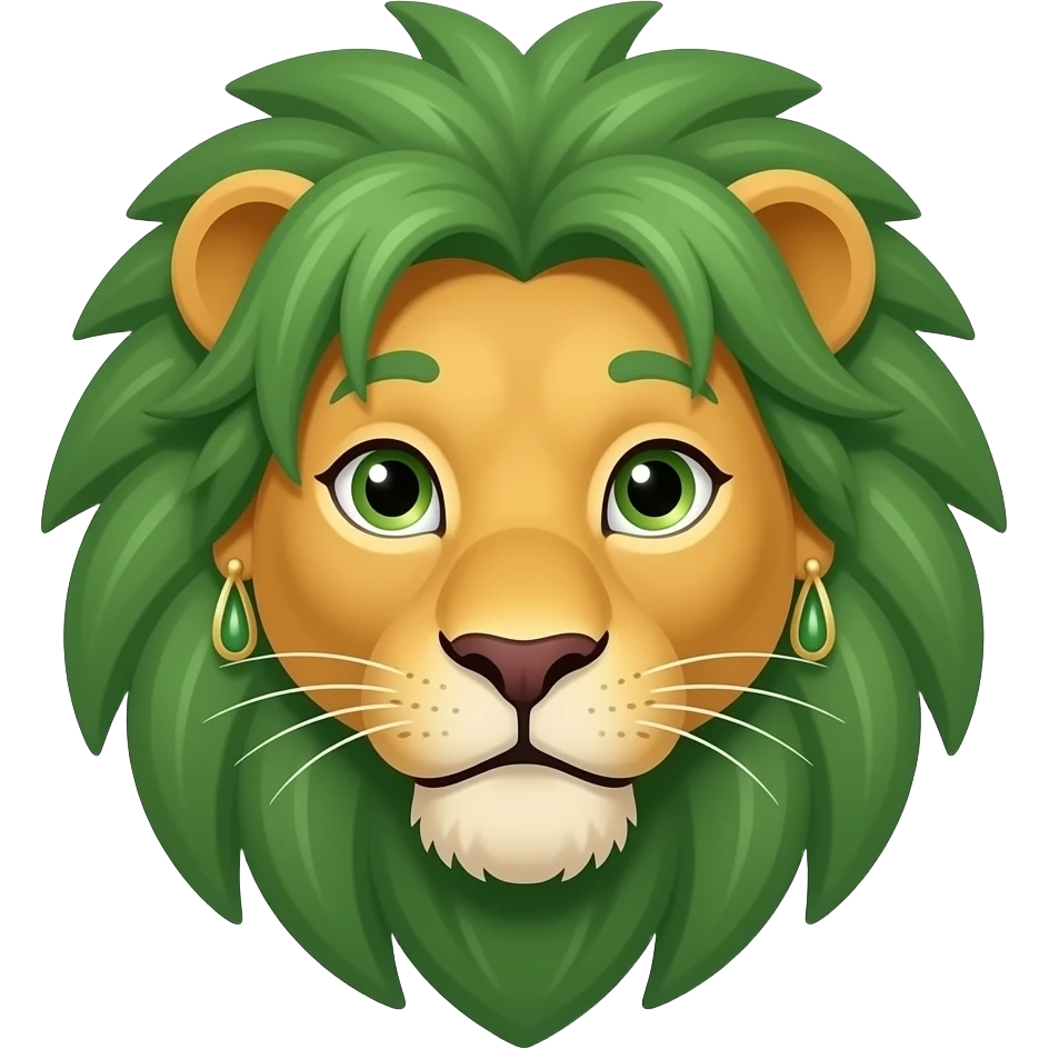 lion with green hair and earrings face front emoji