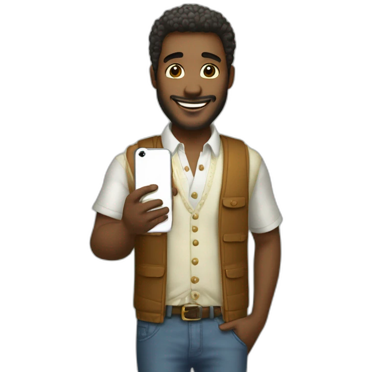 hombre bien vestido feliz teniendo una llamada con un iphone emoji