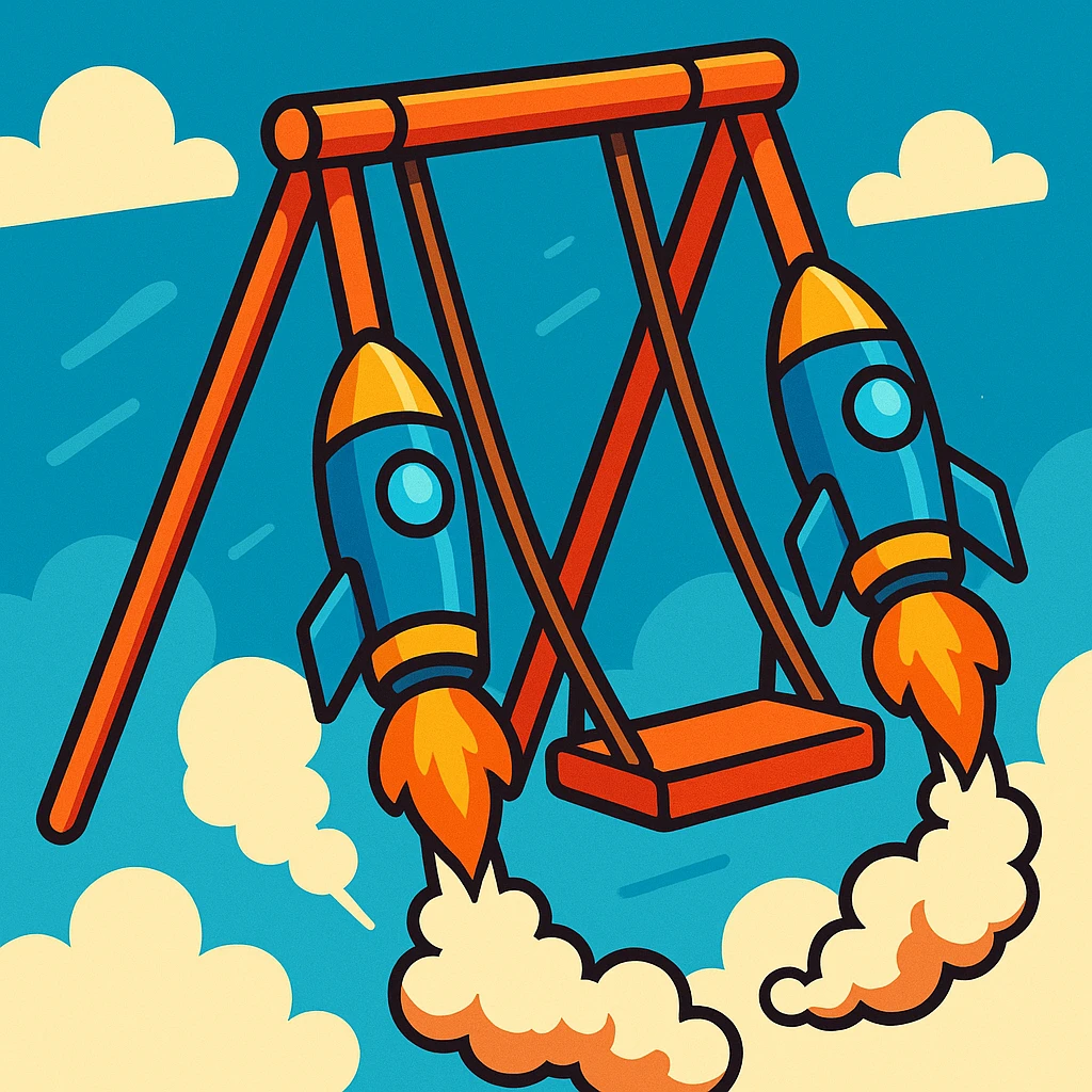 a swing with rocket boosters on each side of the seat, dynamic and fun, vibrant toon style emoji