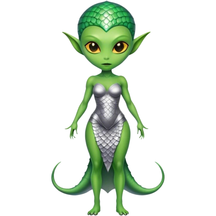 Green Alien woman with scales skin in silver dress, full figure, yellow eyes emoji