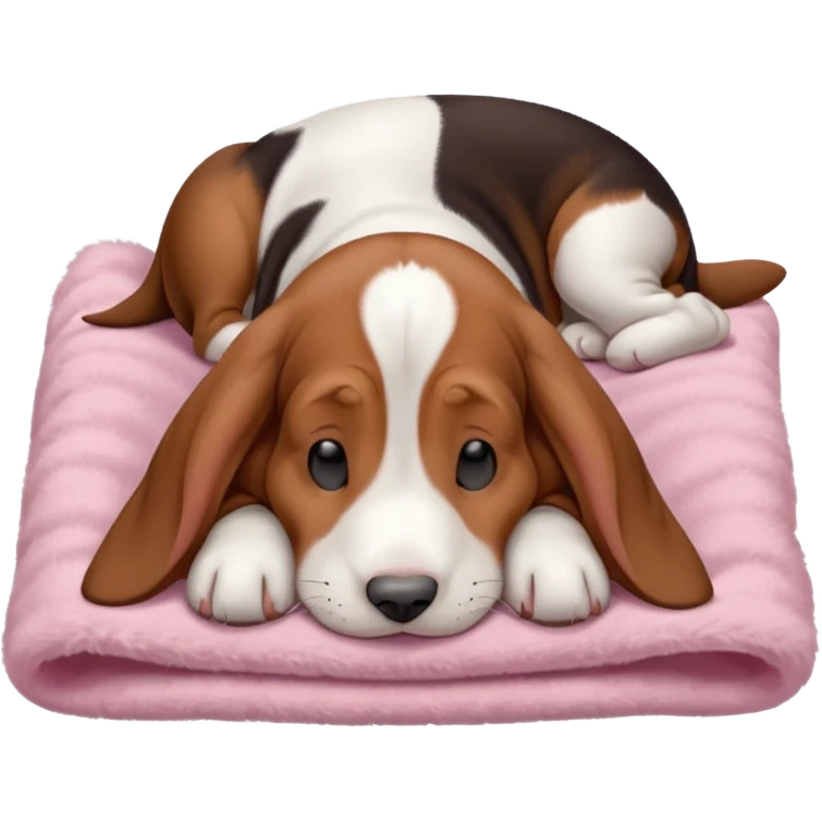 A baby basset hound sleeping on a baby pink blanket  emoji