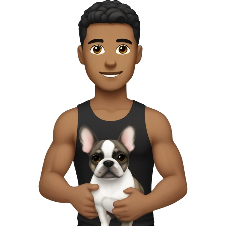 athletic light skin male with short black hair holding a brindle colored french bulldog emoji